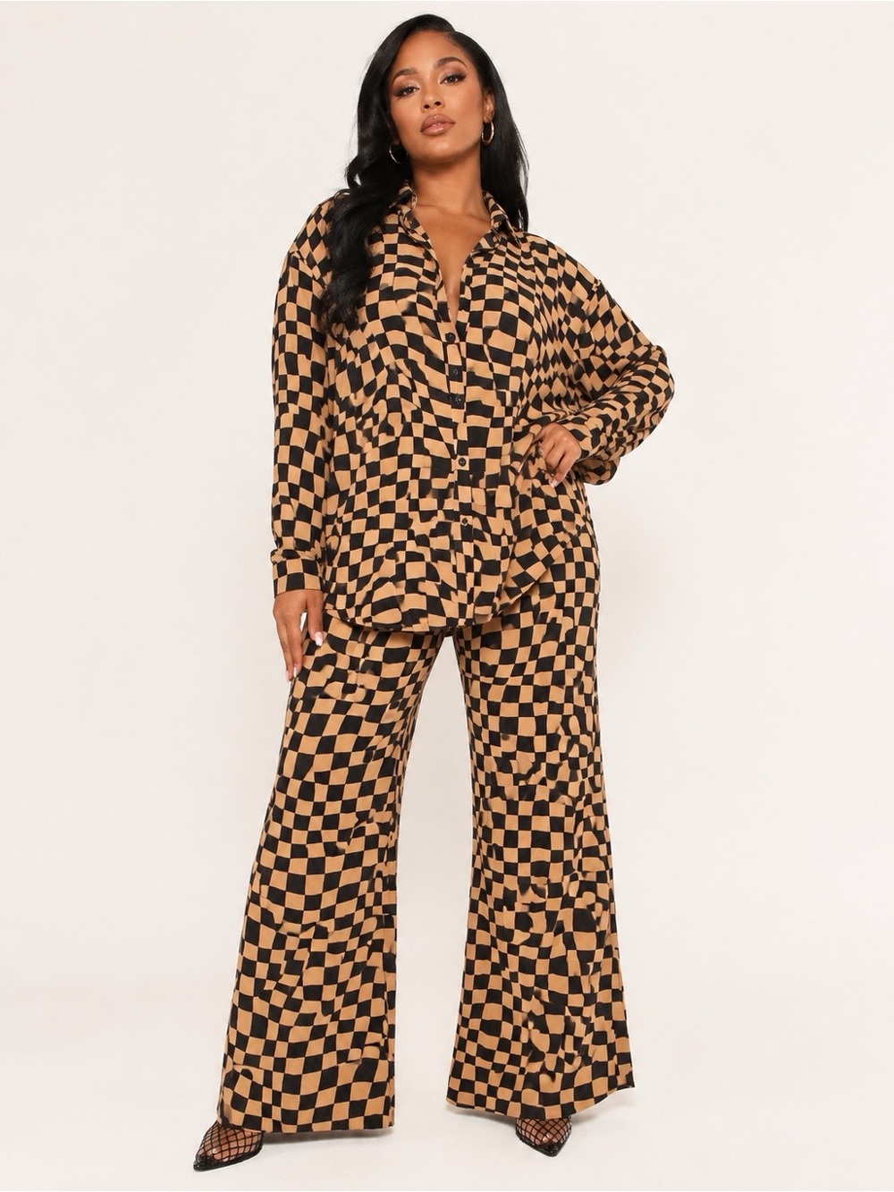 New Women's Checkered Button Down Shirt and Wide Leg Pants Set Size 2X